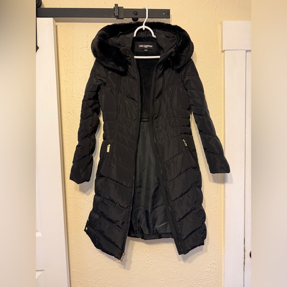 Karl Lagerfeld Black Puffer Jacket with Faux Fur Trim
